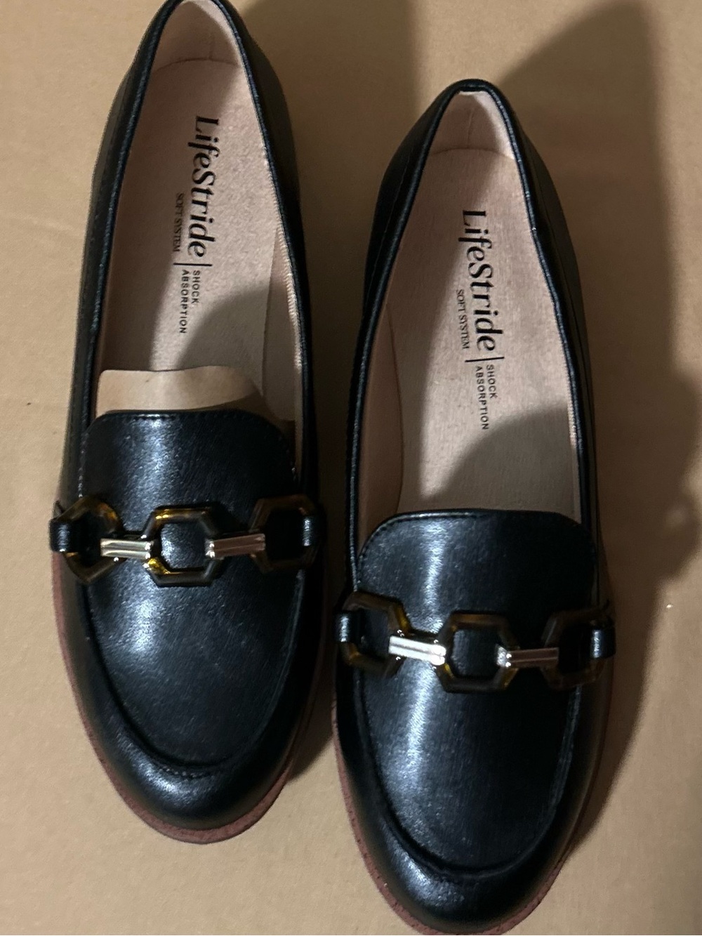 Life Stride Black Loafers with Gold-Tone Chain Detail